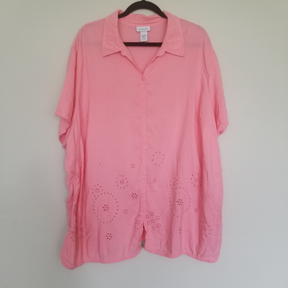 Avenue coral pink short sleeve linen eyelet top 30